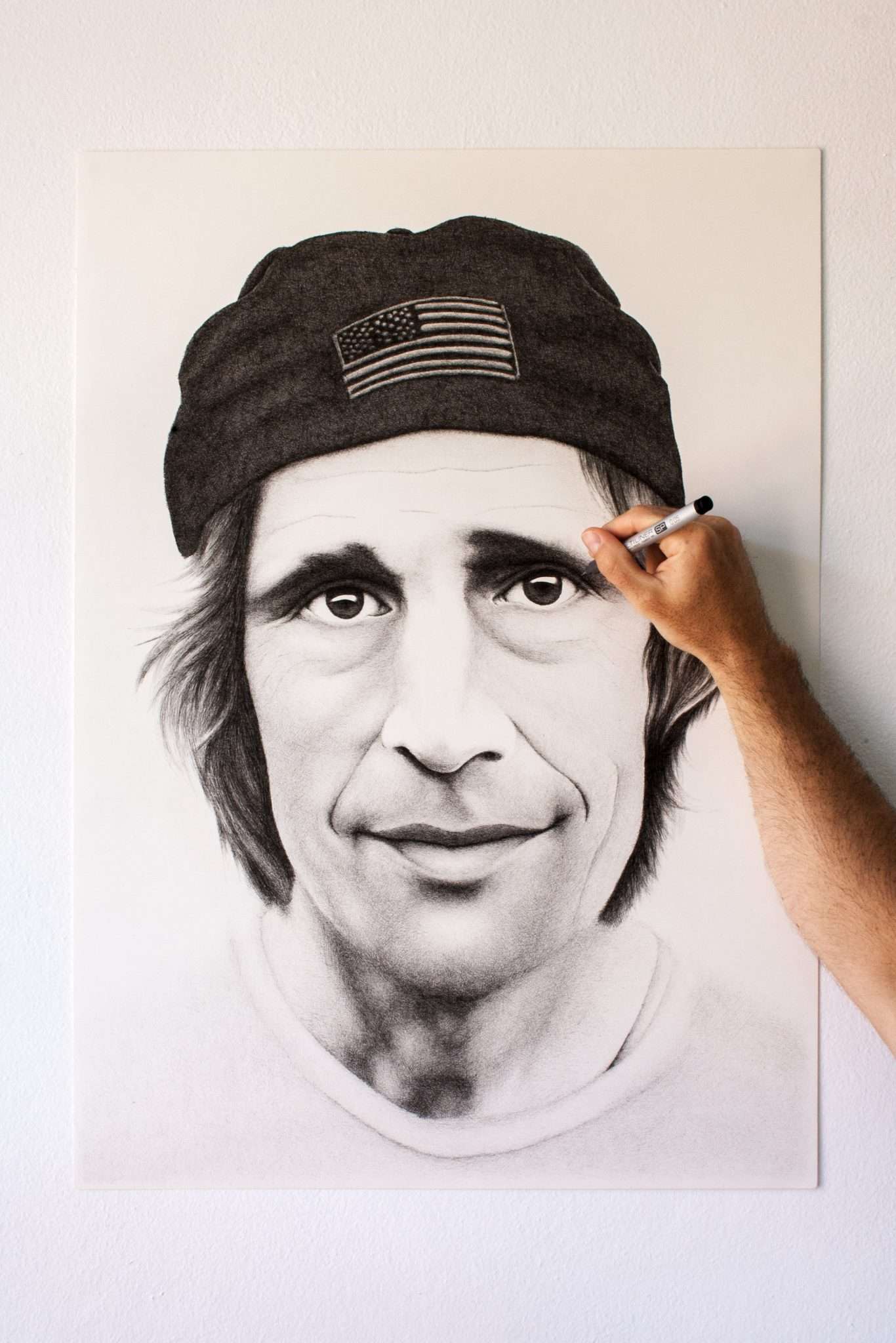 Crosshatching drawing of skateboarder Rodney Mullen