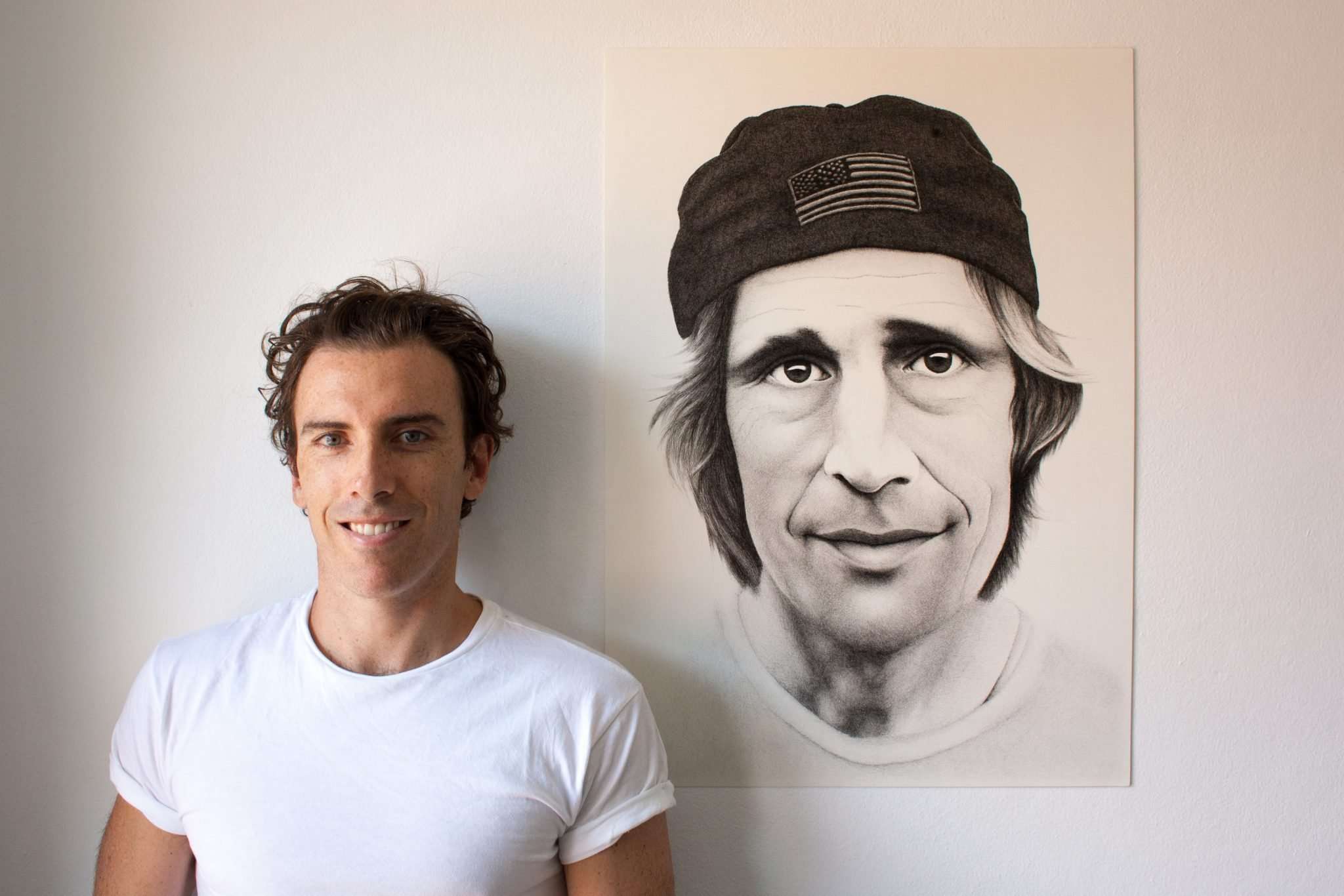 Artist Dean Spinks with drawing of Rodney Mullen