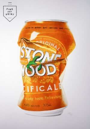 Photorealistic art print of crushed Stone & Wood Pacific Ale beer can by Dean Spinks