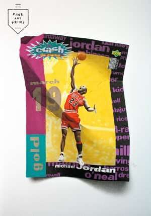 Photorealistic art print of a crumpled 90s Michael Jordan basketball trading card – Chicago Bulls #23 by Dean Spinks