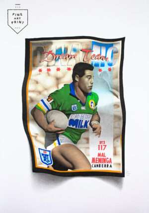 Photorealistic art print of Mal Meninga 1994 Canberra Raiders MILK jersey footy card by Dean Spinks