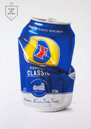 Crushed Foster’s Lager blue and gold beer can artwork print by Dean Spinks in photorealistic style