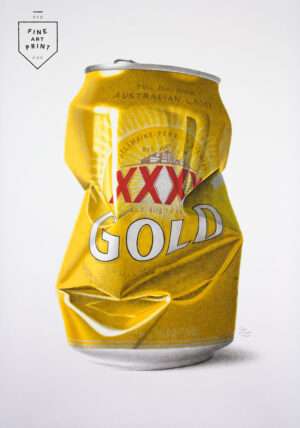 Photorealistic art print of crushed XXXX Gold Milton Mango beer can by Dean Spinks