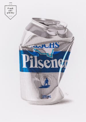 Photorealistic art print of crushed Reschs Pilsener Silver Bullet beer can by Dean Spinks