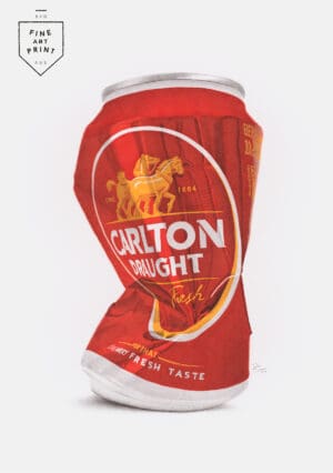 Crushed Carlton Draught maroon beer can artwork print by Dean Spinks in photorealistic style