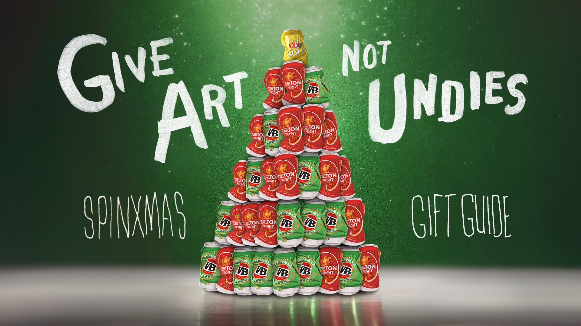 Give Art Not Undies - Spinxmas Christmas gift guide artwork with beer can Xmas tree